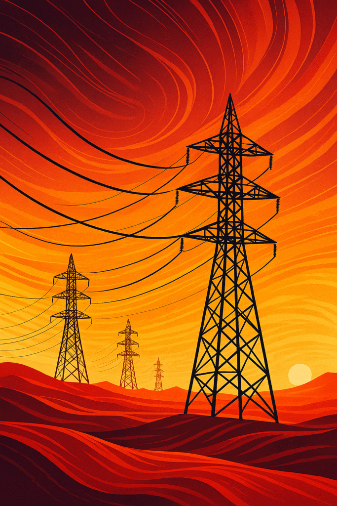 Abstract illustration of Texas energy landscape with power lines and red-orange patterns, symbolizing deregulated commercial electricity and natural gas supply.
