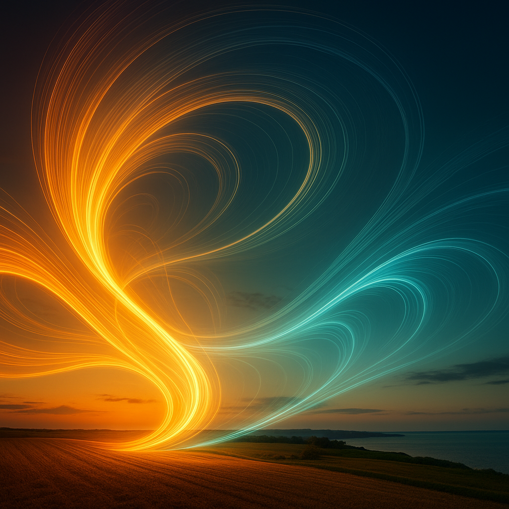 Abstract illustration of swirling blue and orange energy waves over a coastal landscape representing Delaware's commercial energy market.
