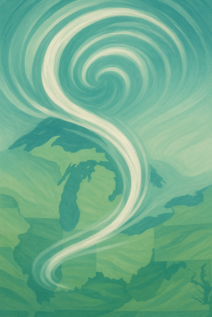 Abstract swirling energy currents over Michigan and the Great Lakes representing Michigan's commercial electricity and natural gas market