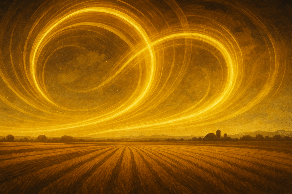 Abstract swirling orange energy currents over Canadian prairies representing commercial electricity and natural gas markets.