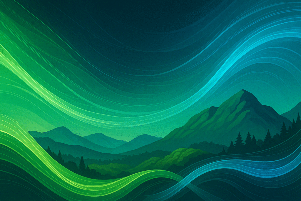 Abstract illustration of swirling blue and green energy currents over rolling hills representing New Hampshire's commercial energy landscape.