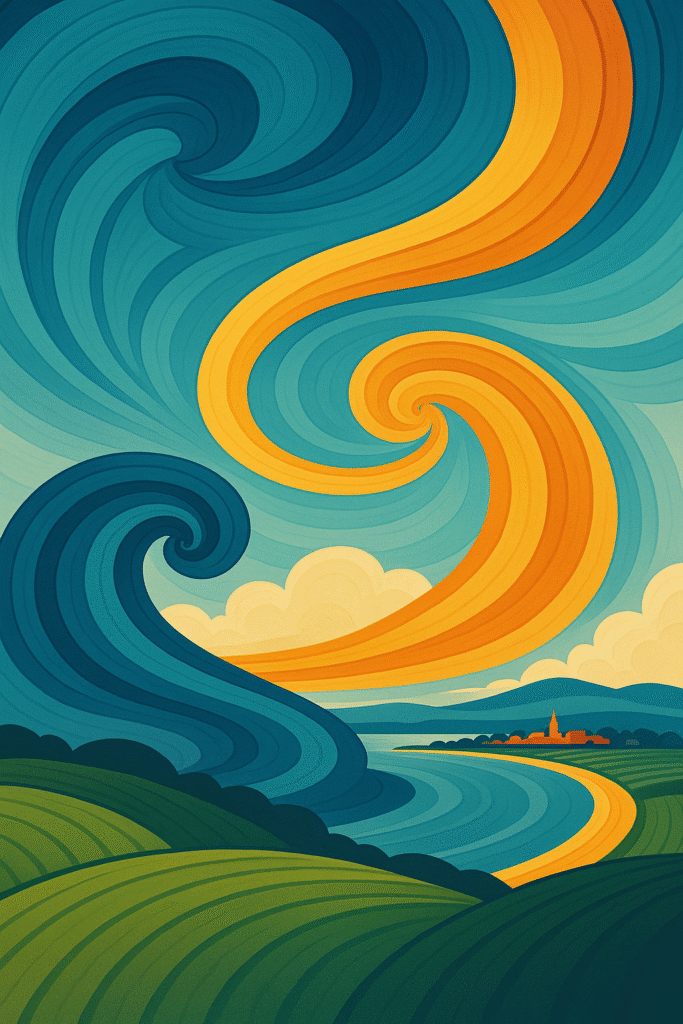 Abstract illustration of swirling blue and orange energy currents over a coastal New England landscape representing Massachusetts' commercial energy market.